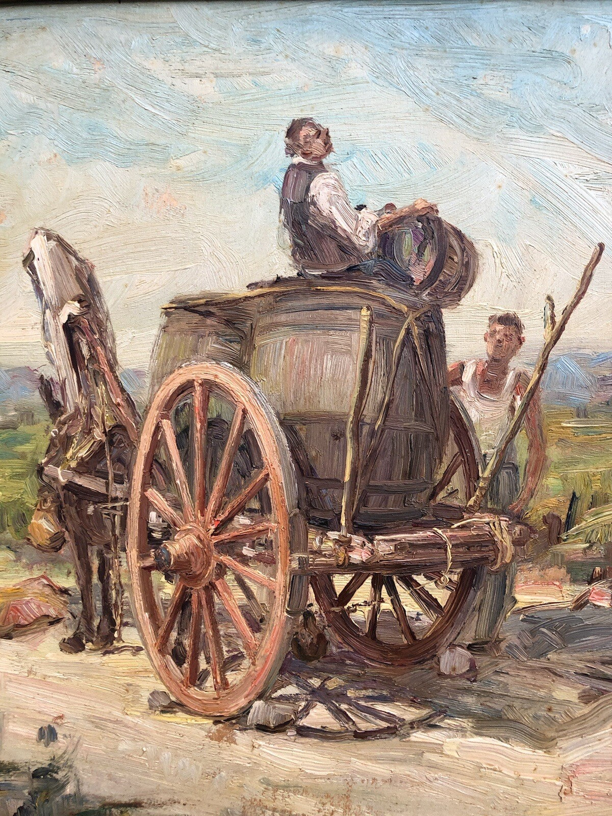 Quadro vintage -Paesaggio Con Carretto- dipinto a olio su tavoletta