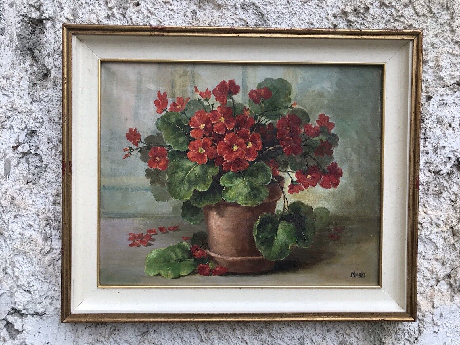QUADRO VINTAGE -VASO CON GERANI-DIPINTO A OLIO SU TELA