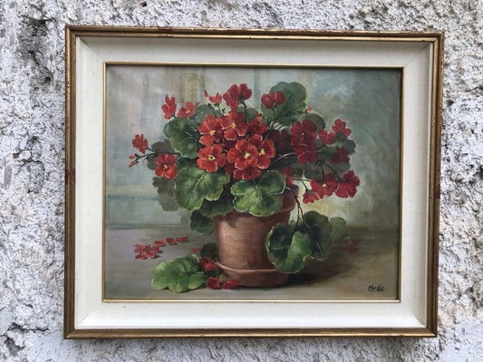 QUADRO VINTAGE -VASO CON GERANI-DIPINTO A OLIO SU TELA