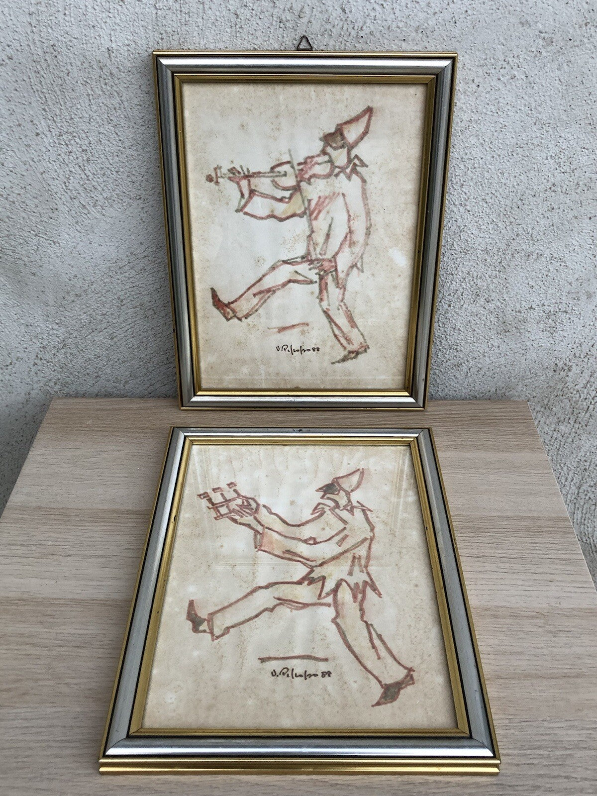 Coppia di quadri -Pulcinella- Vittorio Pisco a tecnica mista su carta