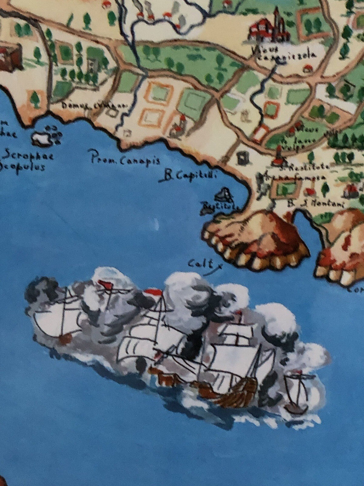 Mappa Vintage -Ischia Aenaria Antica- Dipinta Ad Acquerello E Tempera Su Carta