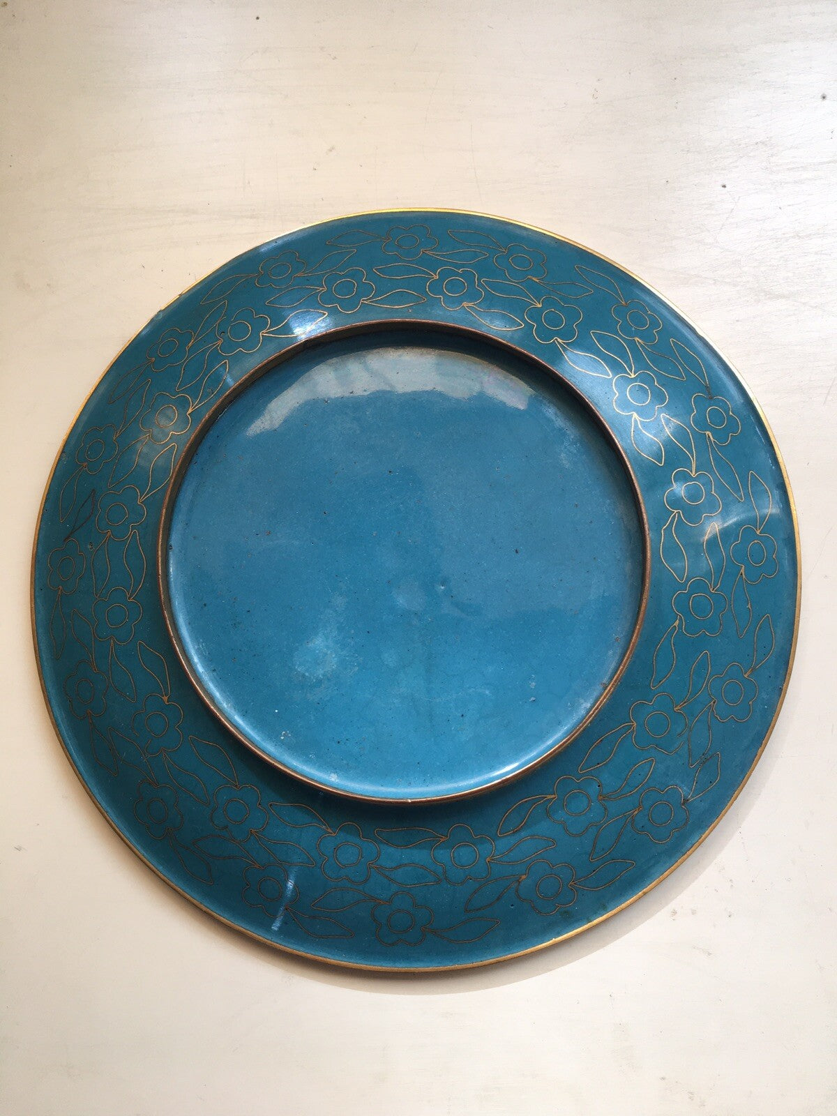 Piatto decorativo in ottone e cloisonné cinese orientale- Fiori di Pesco