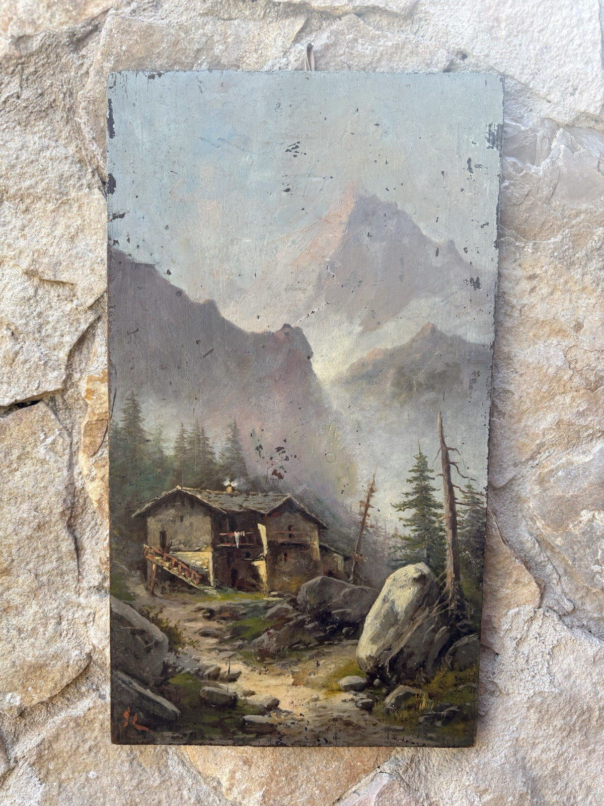 Quadro antico -Paesaggio Alpino- dipinto a olio su tavola