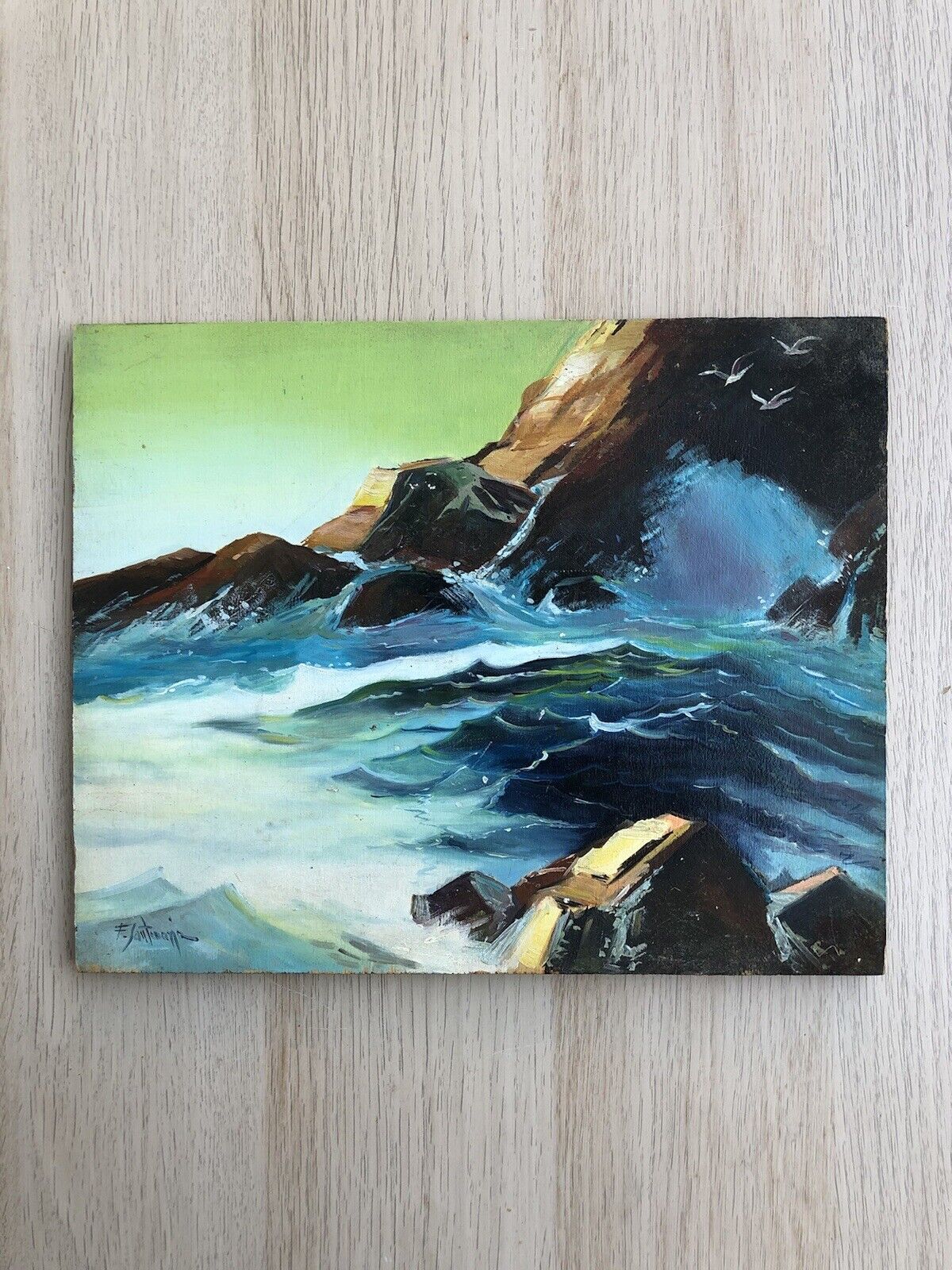 Quadro vintage -Mareggiata- dipinto a olio su tavola