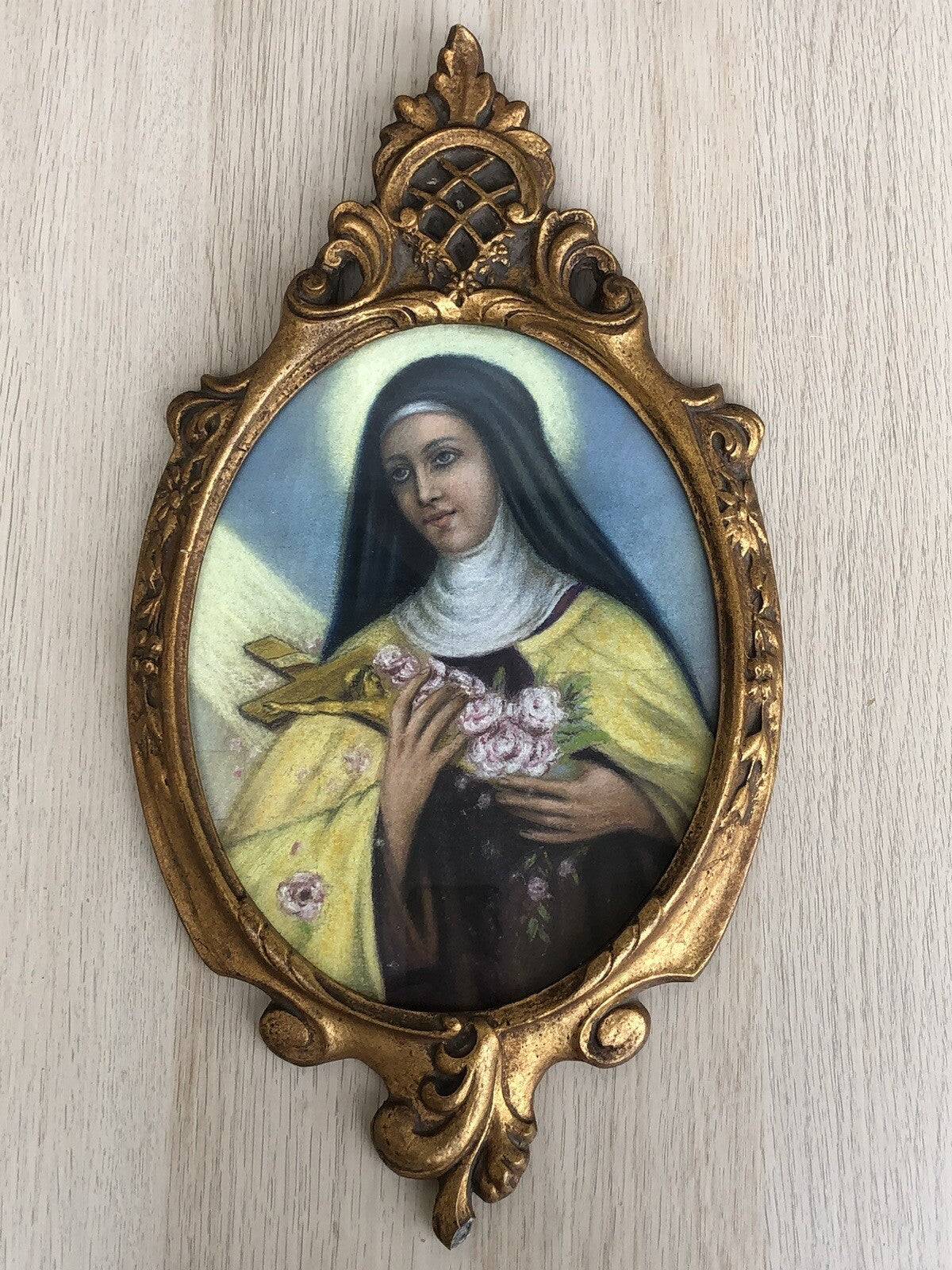 Quadro vintage -Santa Rita Da Cascia- realizzato  a pastello su cartoncino