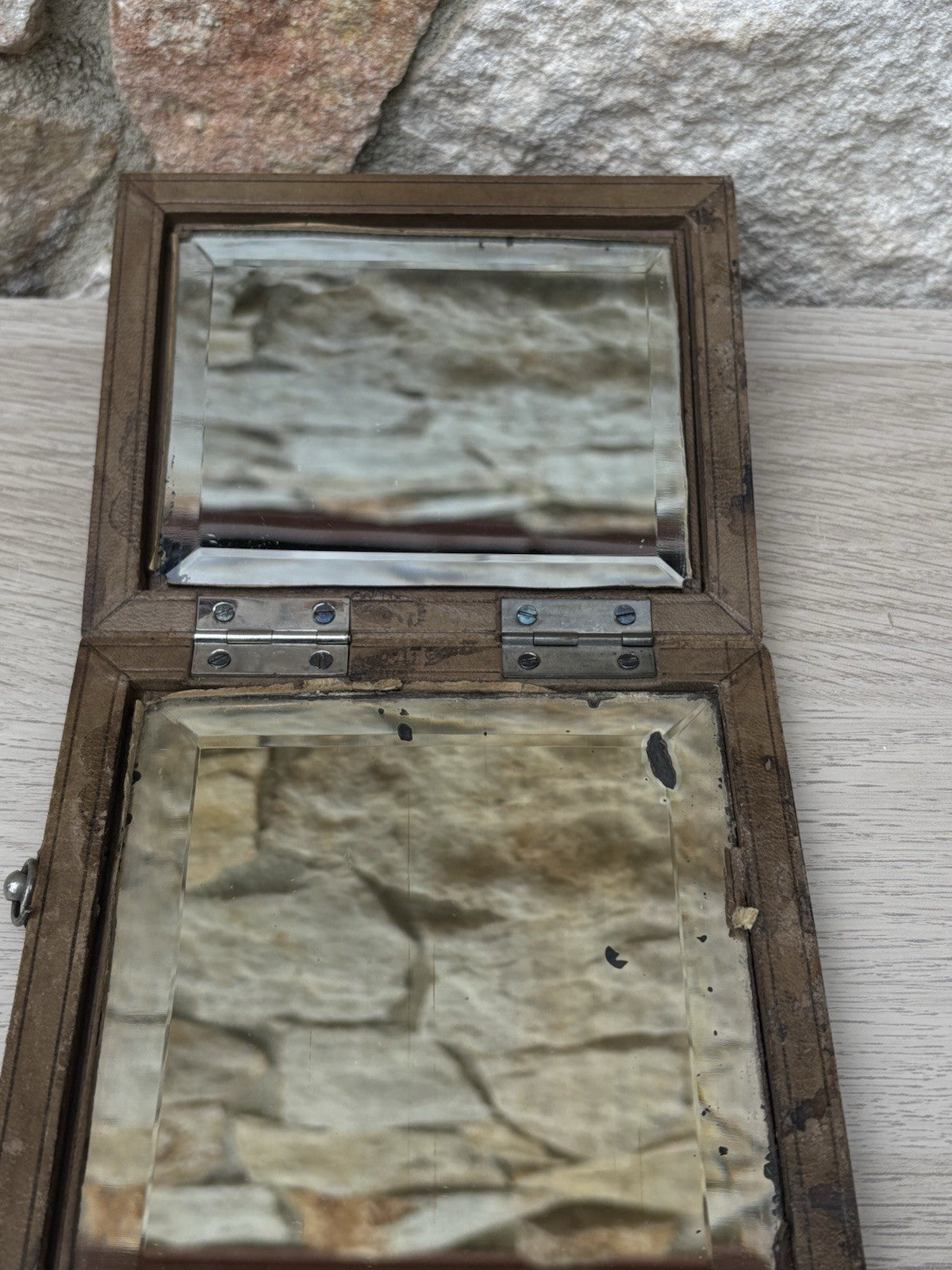 Specchio Trittico Da Barbiere Vintage In Legno Con Vetro Molato
