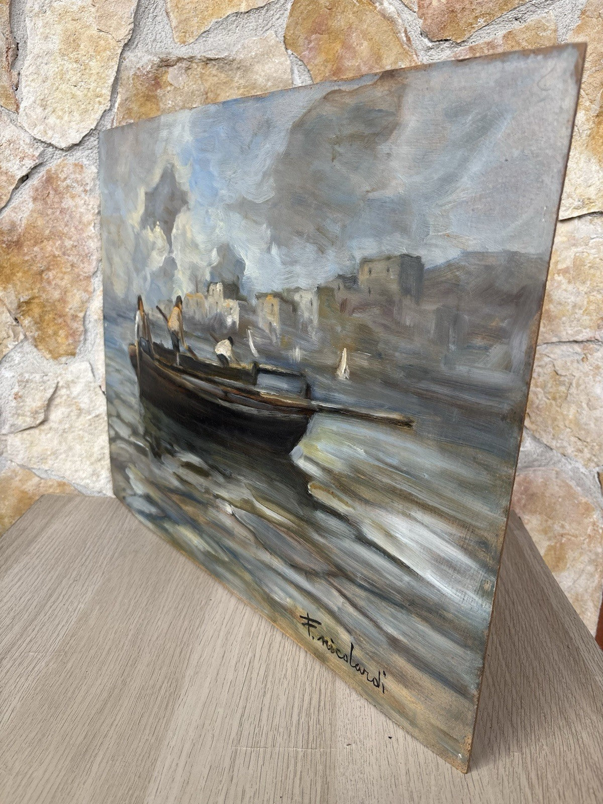 Quadro -Marina Con Barca- Francesco Nicolardi- dipinto a olio su masonite