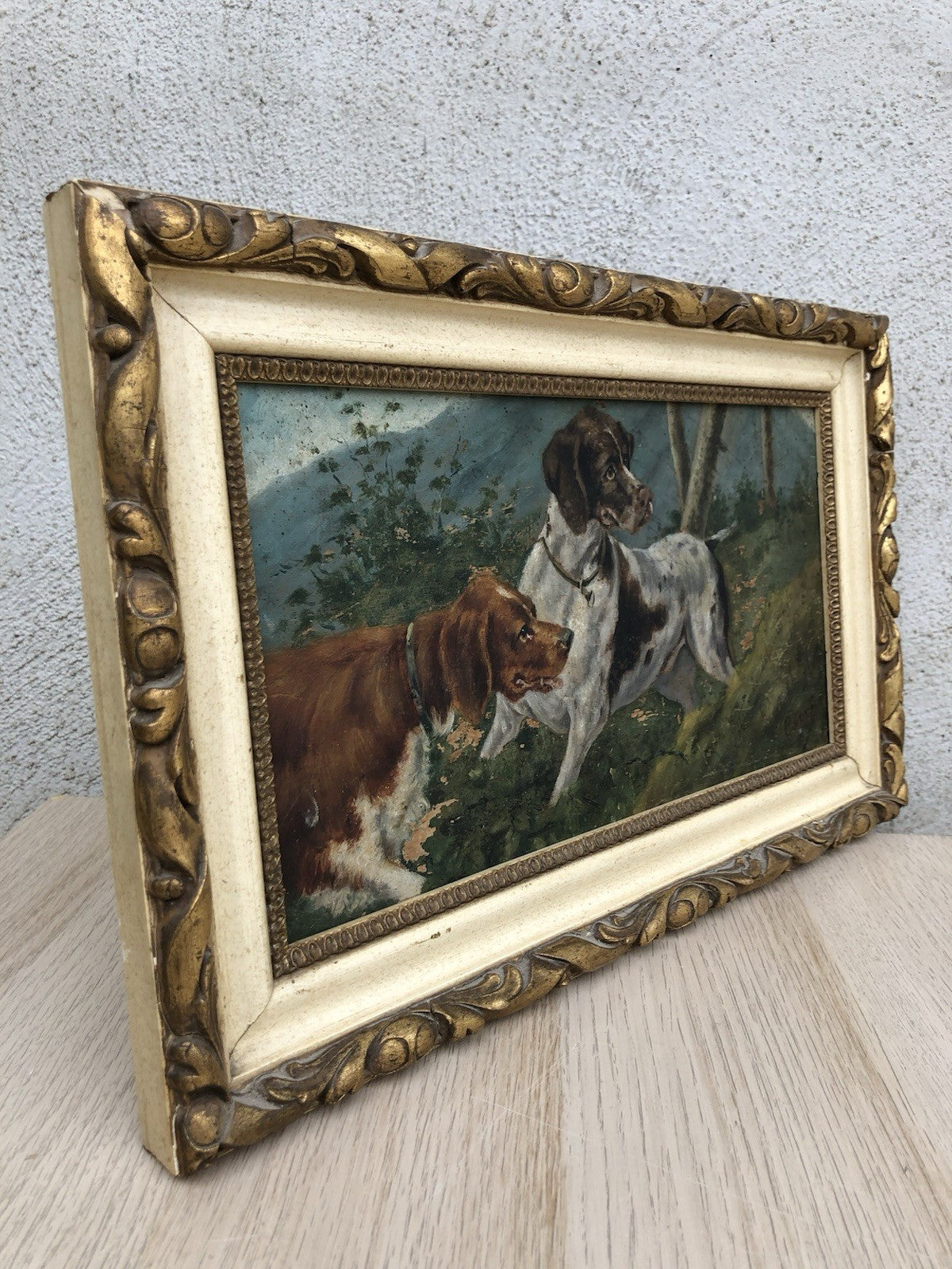 Quadro antico -Cani Da Caccia- dipinto a olio su tavola