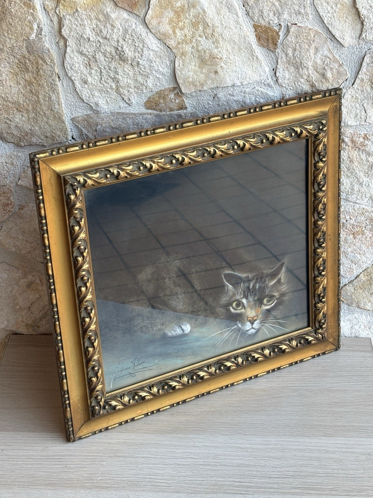 Quadro antico -Gatto- Andrea Pilone realizzato a pastello su carta