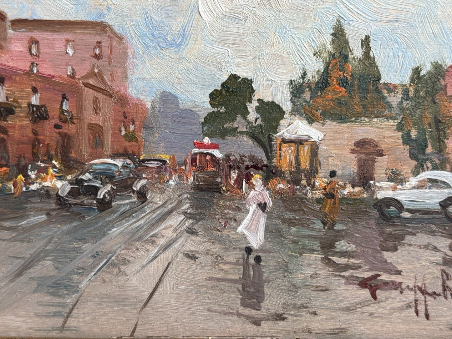 Quadro miniatura -Strada Con Figure- dipinto a olio su tavoletta