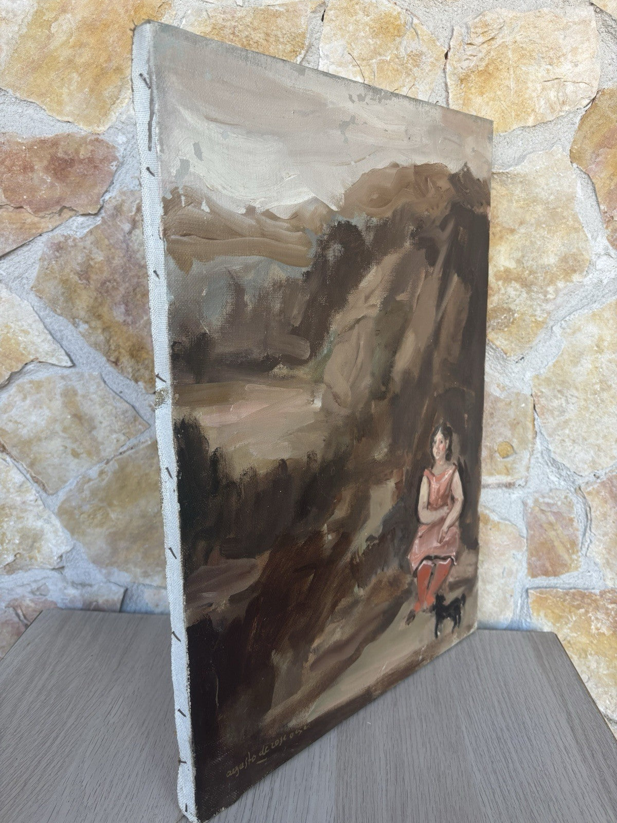 Quadro -Paesaggio Con Figura- Augusto Orange De Rose dipinto a olio su tela