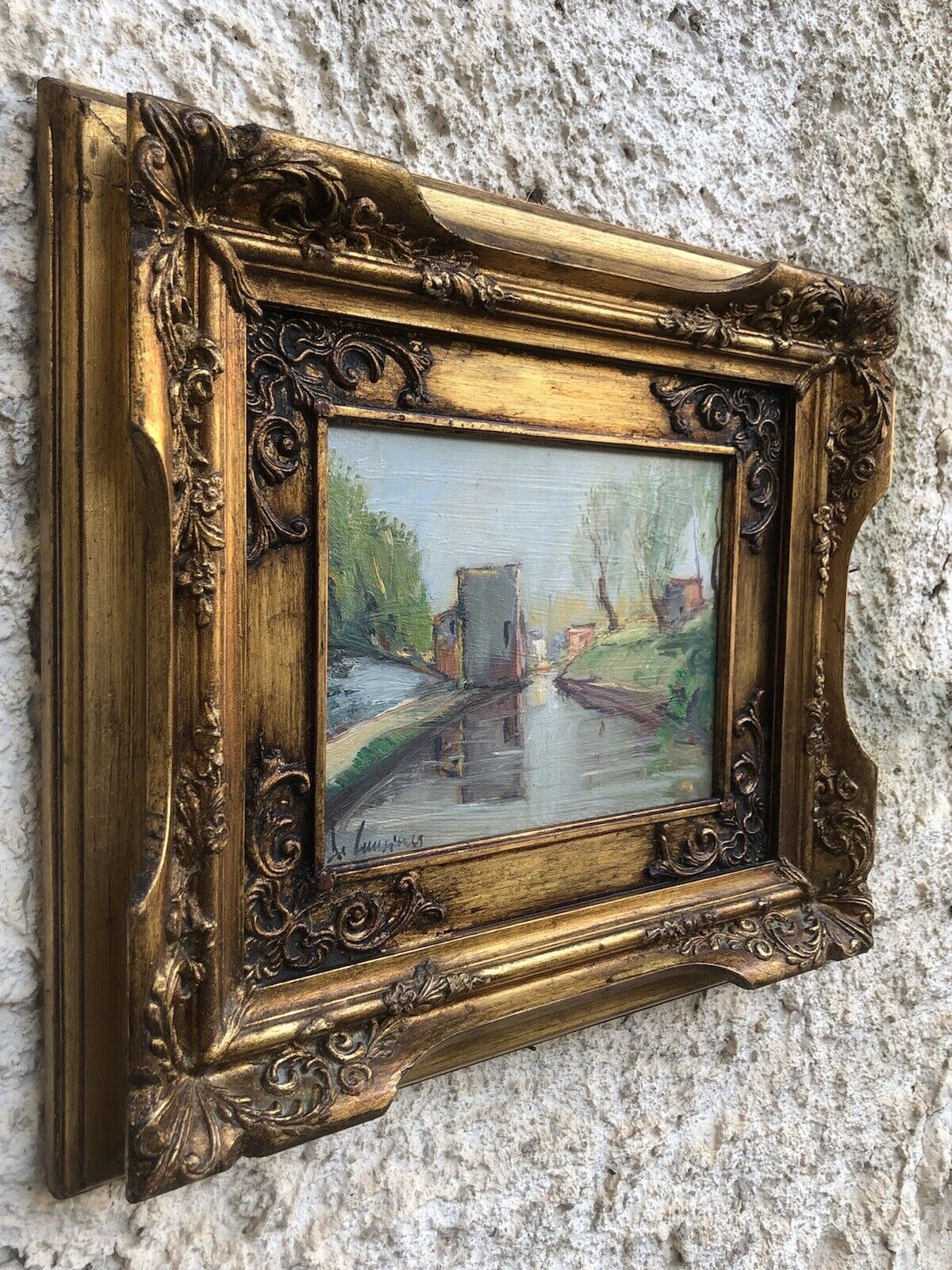 Quadro vintage -Paesaggio Con Fiume- dipinto a olio