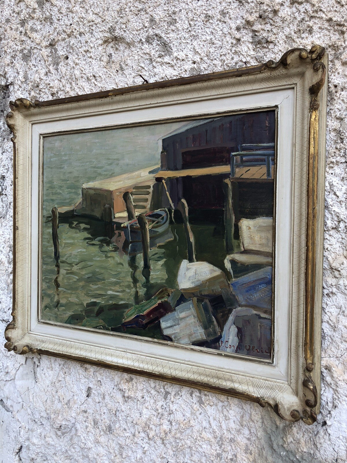 Quadro vintage francese -Barca Al Molo- dipinto a olio su tavoletta