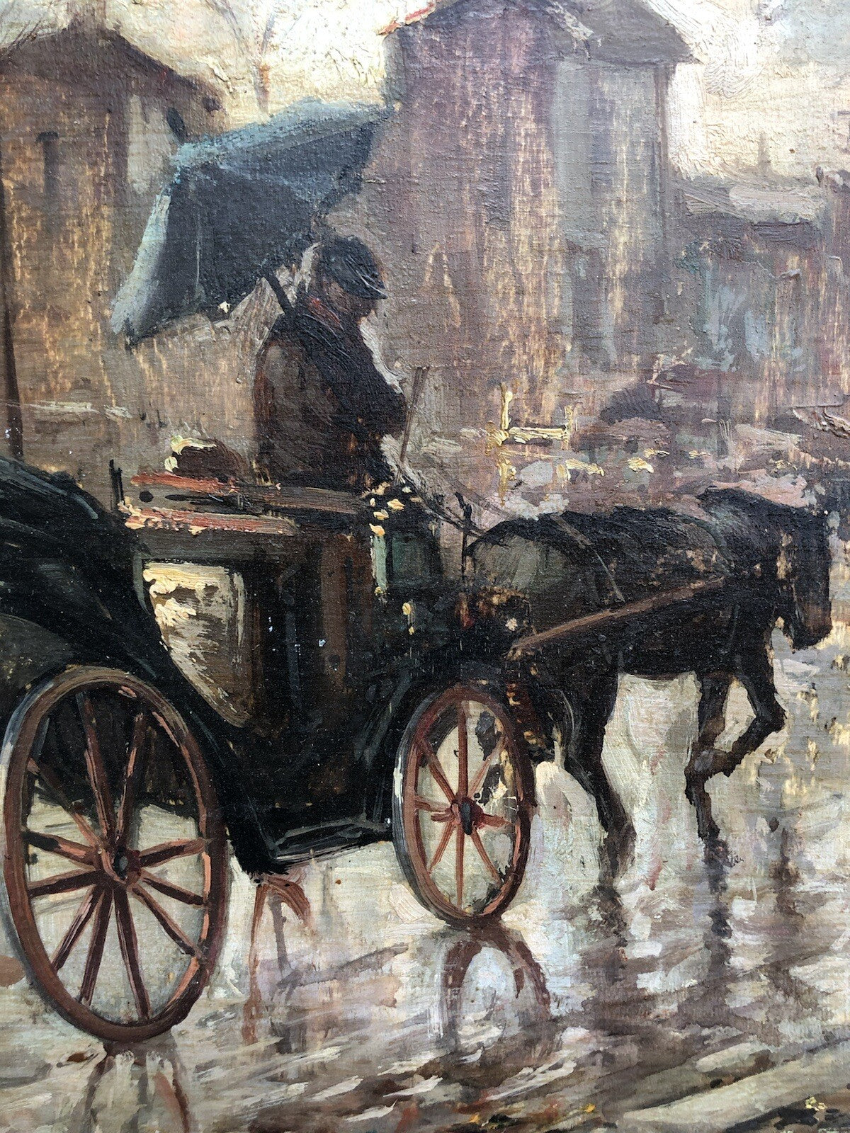 Quadro vintage -Carrozza Con Figure- dipinto a olio su tavoletta