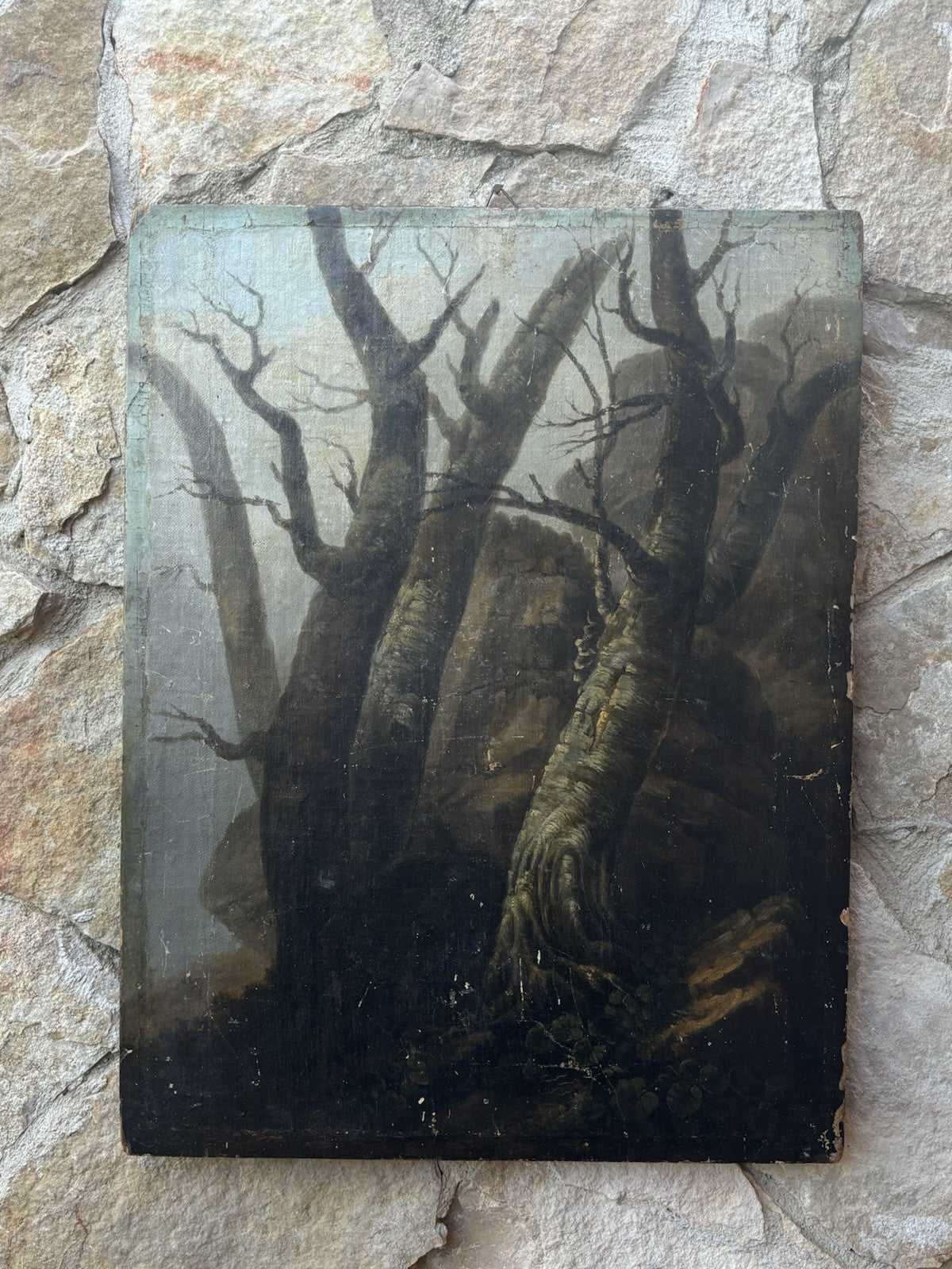Quadro antico -Paesaggio Con Alberi- dipinto a olio su tavola