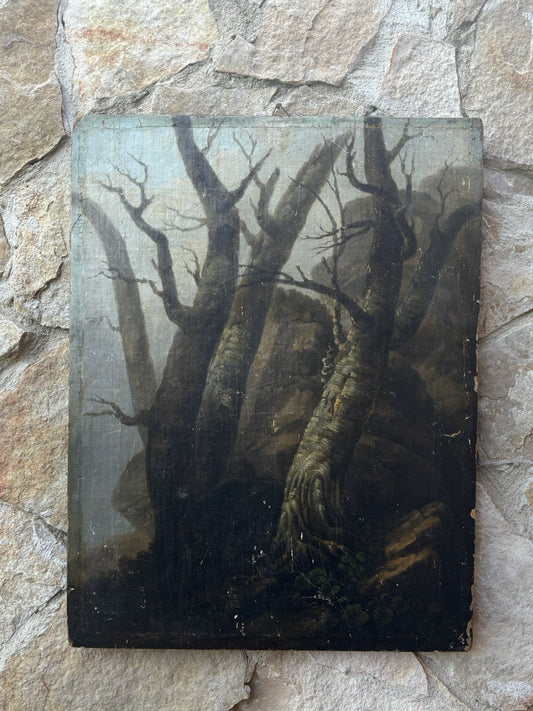 Quadro antico -Paesaggio Con Alberi- dipinto a olio su tavola