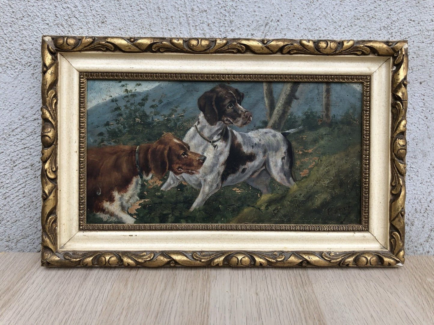 Quadro antico -Cani Da Caccia- dipinto a olio su tavola