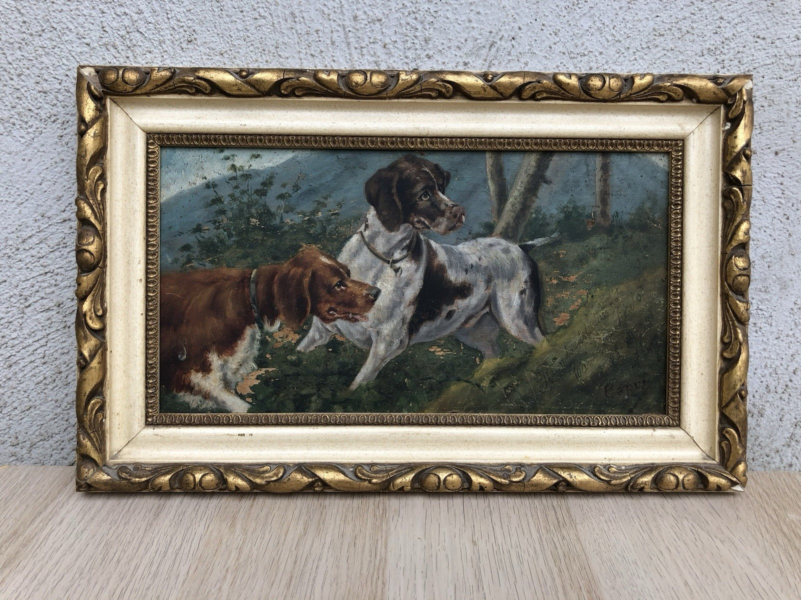 Quadro antico -Cani Da Caccia- dipinto a olio su tavola