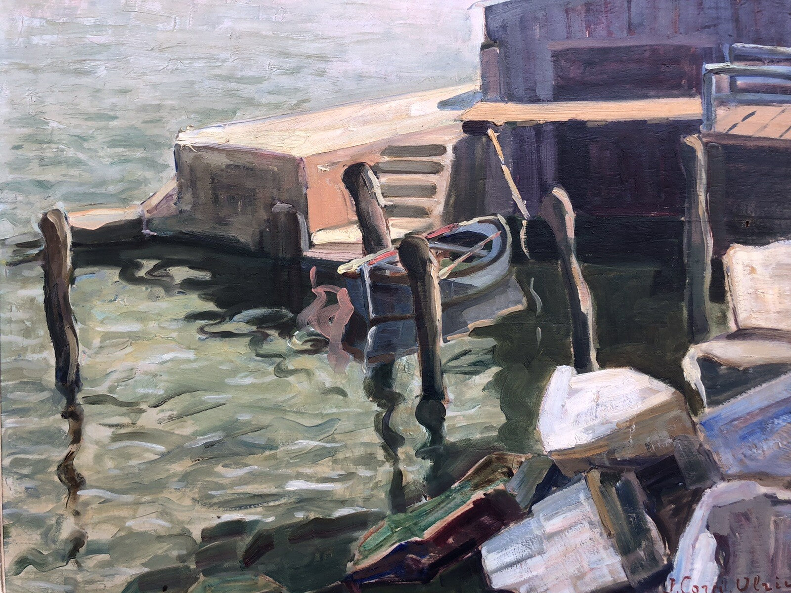 Quadro vintage francese -Barca Al Molo- dipinto a olio su tavoletta