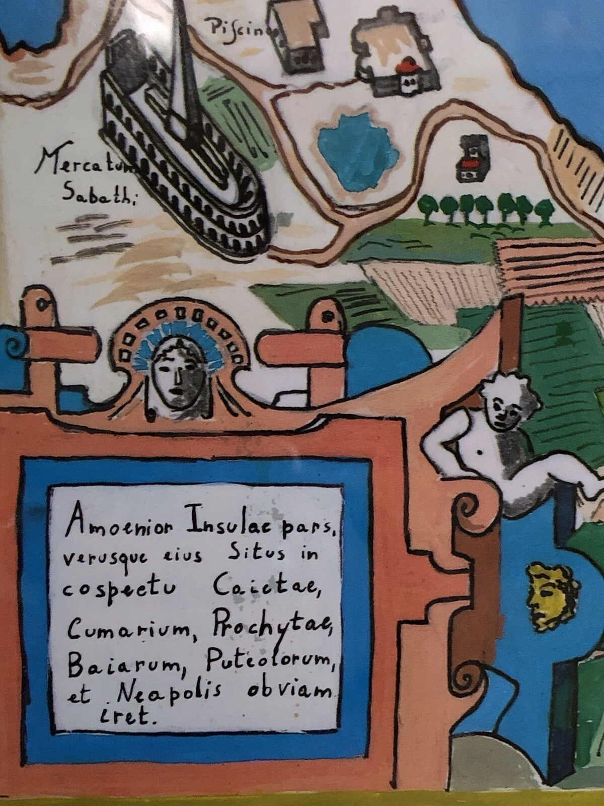 Mappa Vintage -Ischia Aenaria Antica- Dipinta Ad Acquerello E Tempera Su Carta