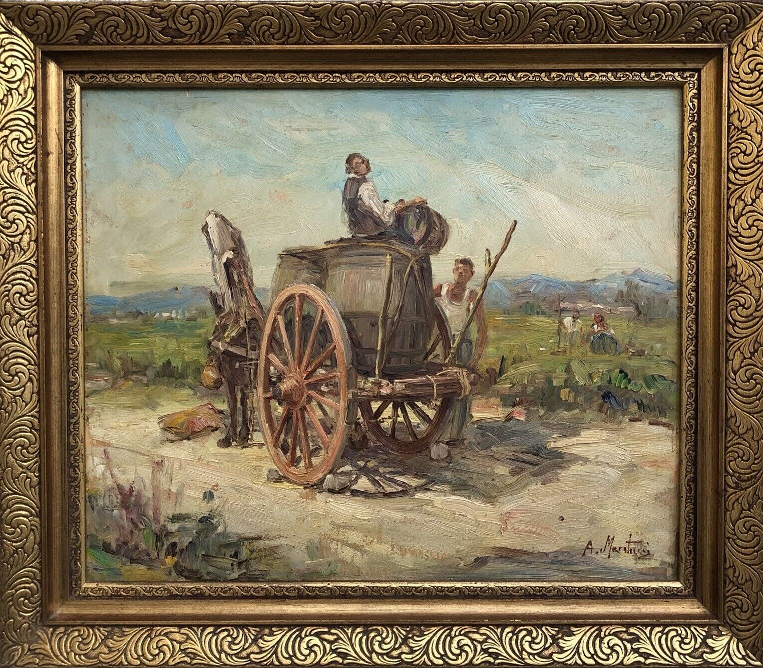 Quadro vintage -Paesaggio Con Carretto- dipinto a olio su tavoletta