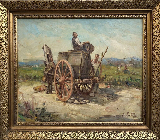 Quadro vintage -Paesaggio Con Carretto- dipinto a olio su tavoletta