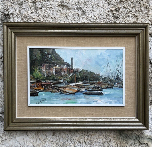 Quadro vintage -Marina Con Barche- dipinto a olio