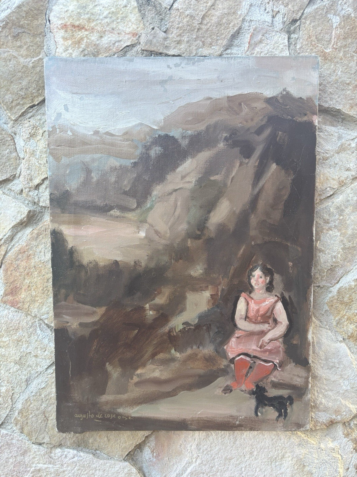 Quadro -Paesaggio Con Figura- Augusto Orange De Rose dipinto a olio su tela
