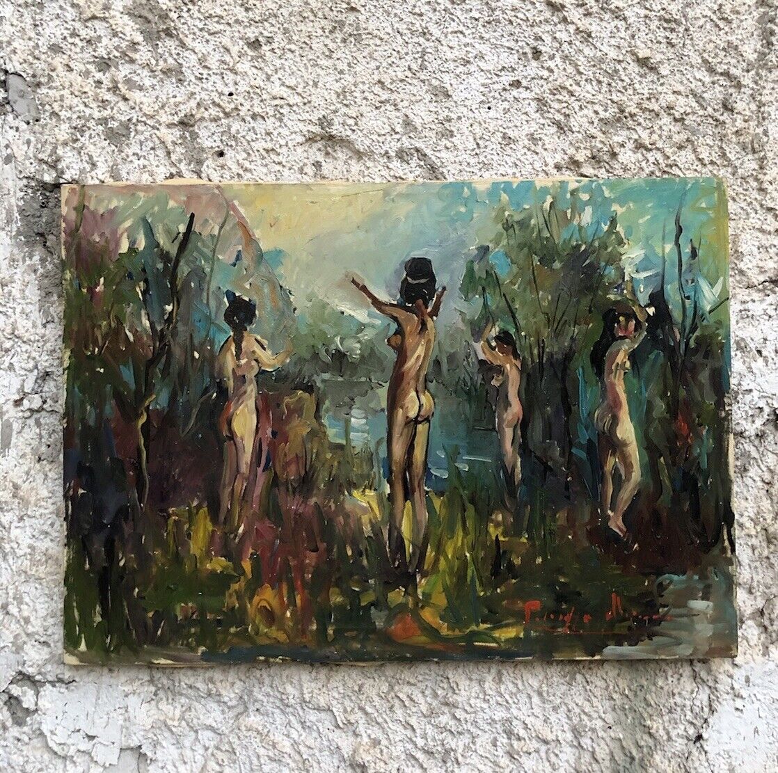 Quadro vintage -Bagnanti- dipinto a olio su tela