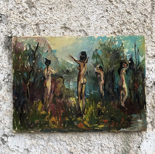 Quadro vintage -Bagnanti- dipinto a olio su tela