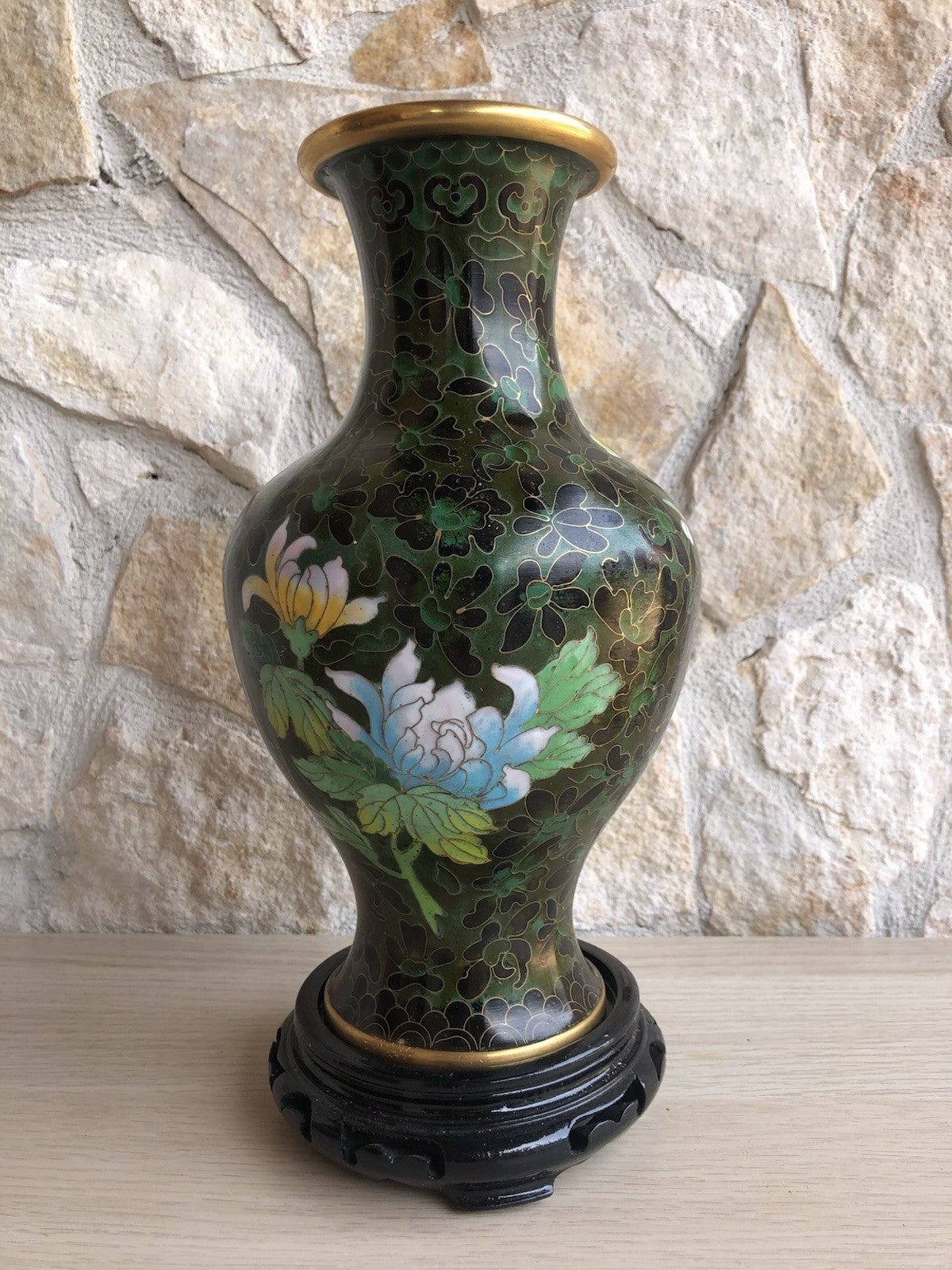Vaso Vintage In Ottone E Cloisonne Cinese