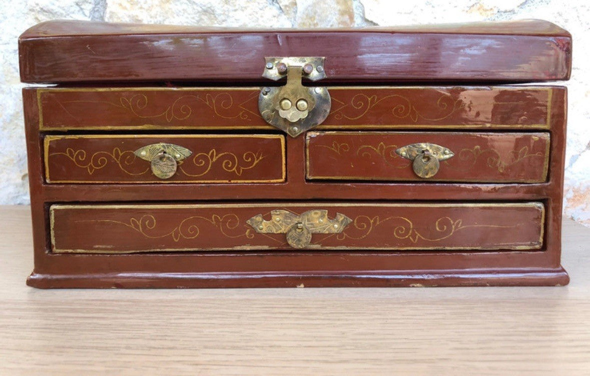 Scatola Orientale Portagioie Vintage In Legno Con Specchio Interno