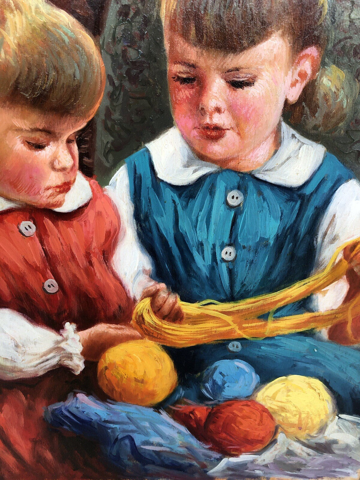 Quadro -Fanciulle Con Gomitoli Di Lana- dipinto a olio su tavoletta