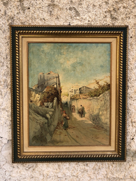 Quadro -Strada Con Figure- dipinto a olio su tavoletta