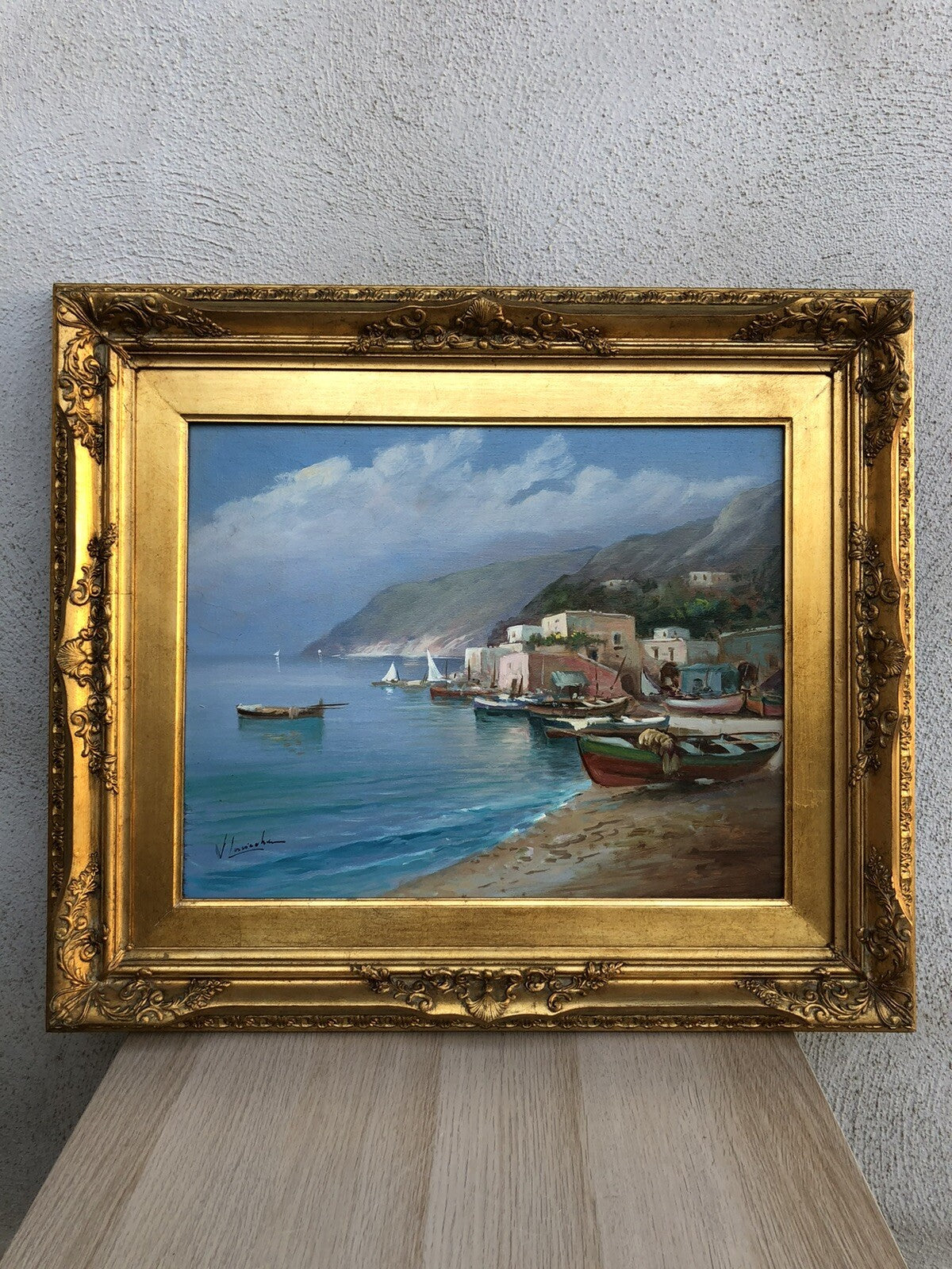 Quadro vintage -Marina Con Barche- dipinto a olio