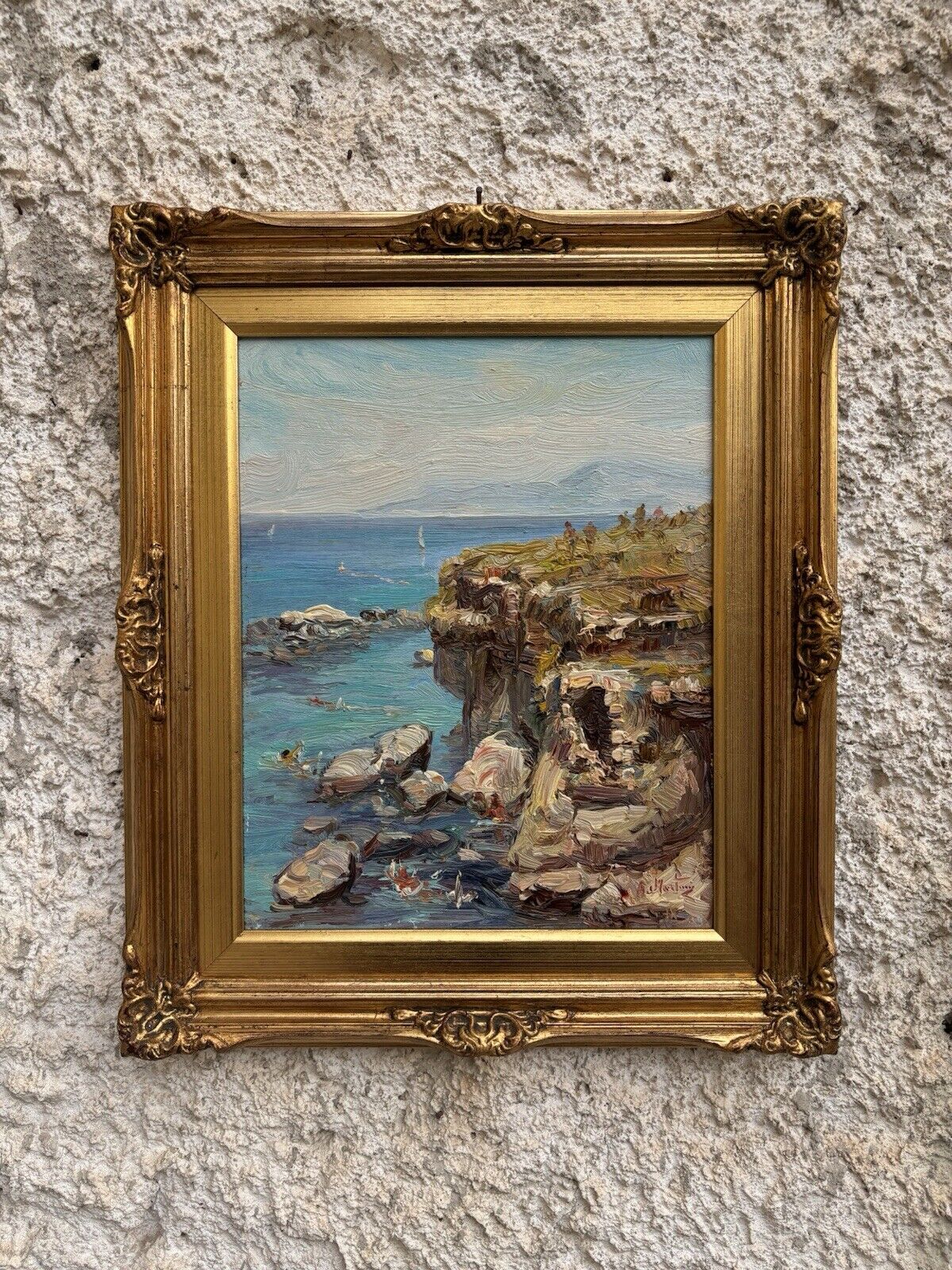 Quadro -Marina Con Bagnanti- dipinto a olio su tavoletta