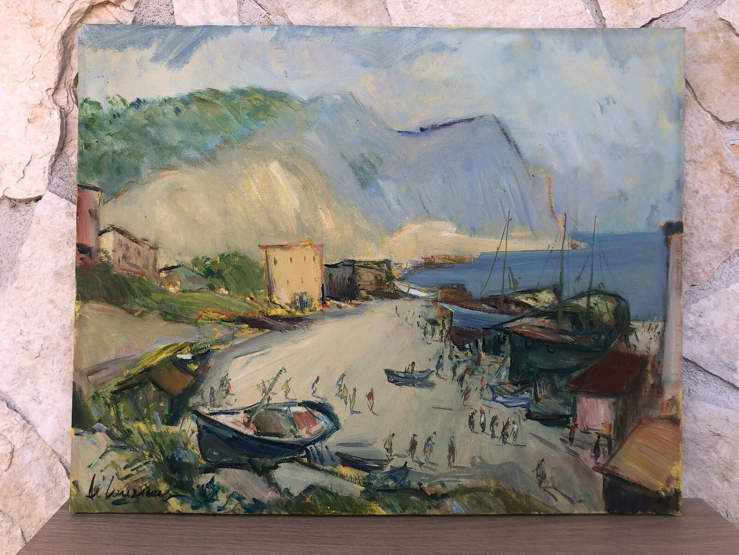 Quadro vintage -Porto Con Barche- dipinto a olio su tela