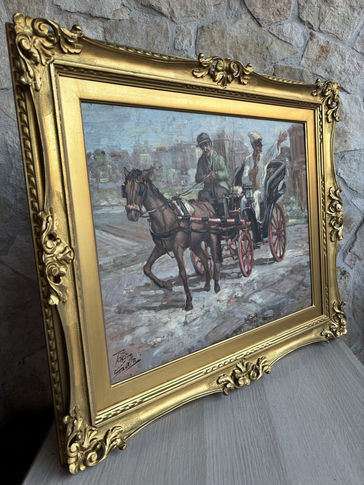 Quadro -Pulcinella In Carrozza- dipinto a olio