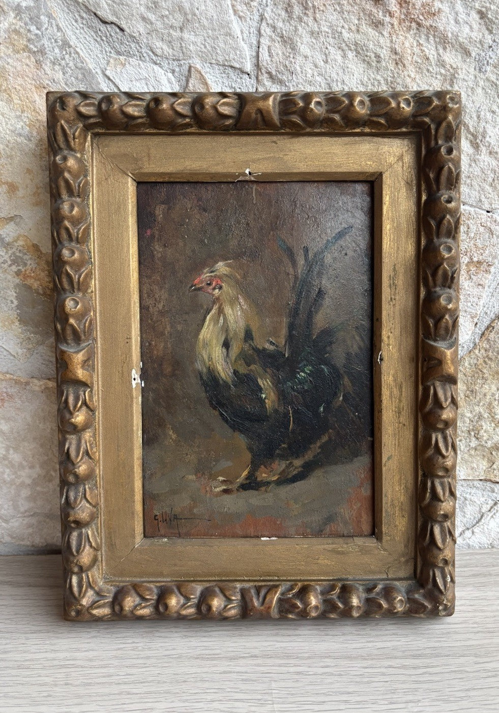 Quadro antico -Gallo- Giuseppe Uva dipinto a olio su tavoletta