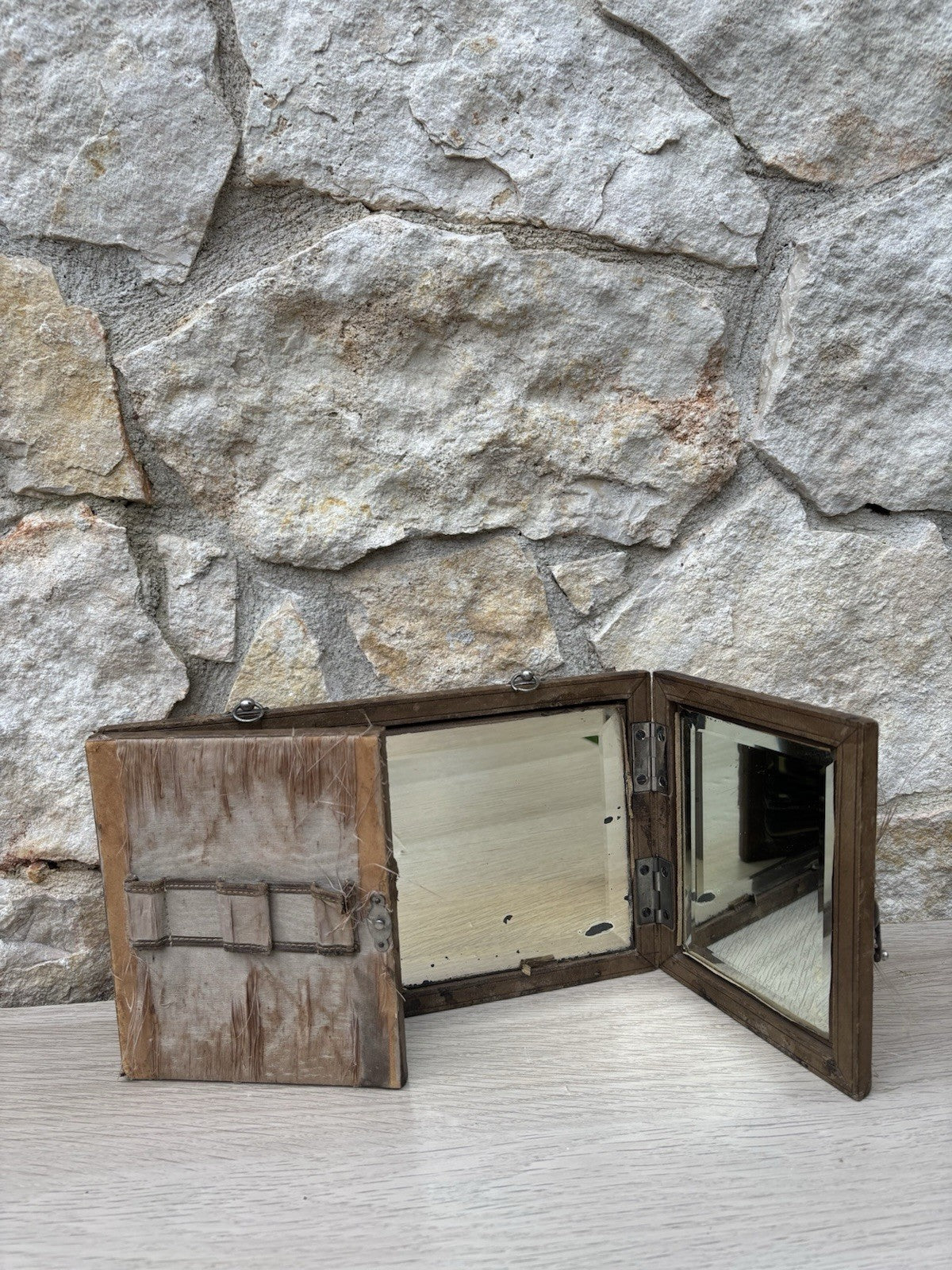 Specchio Trittico Da Barbiere Vintage In Legno Con Vetro Molato