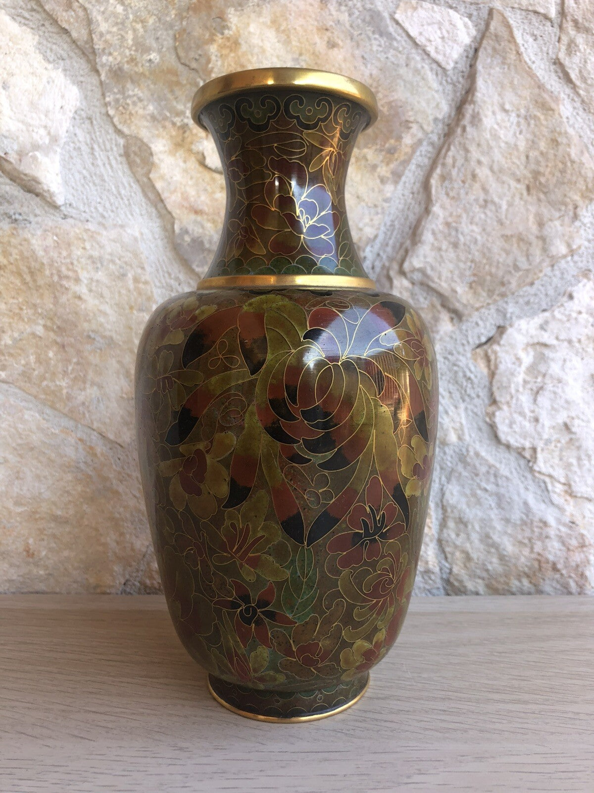 Vaso Vintage In Ottone E Cloisonne Cinese