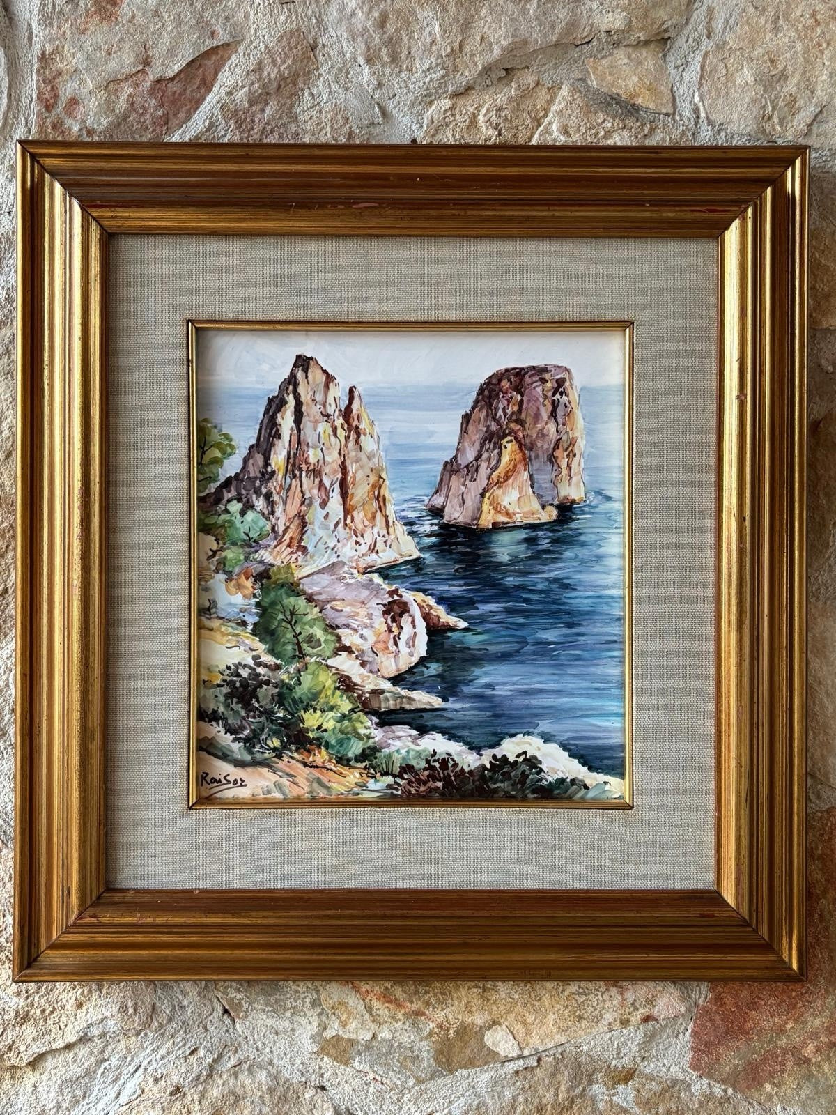 Quadro -Capri, I Faraglioni- dipinto su mattonella
