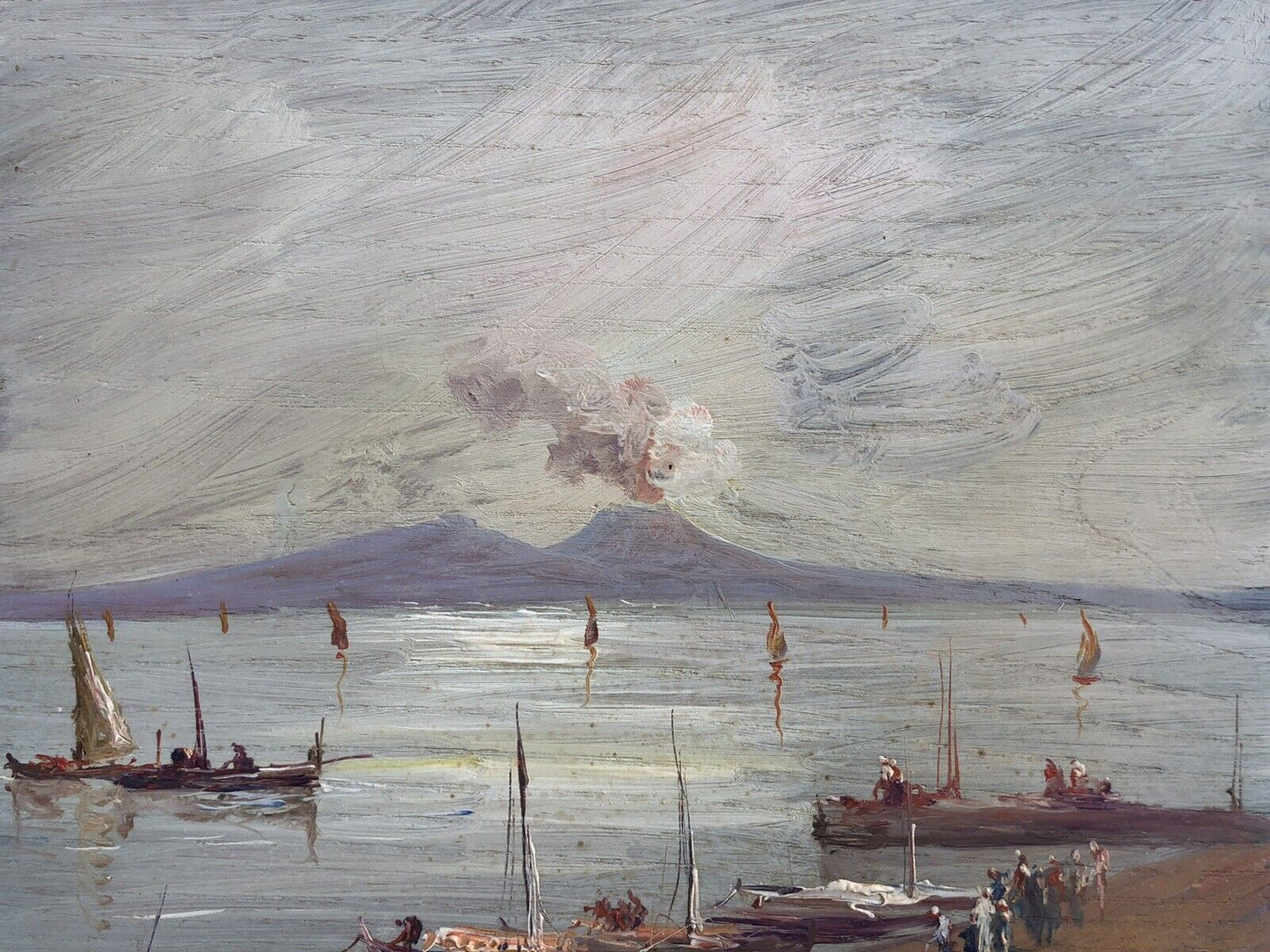 Quadro vintage -Marina Con Vesuvio- dipinto a olio su tavola