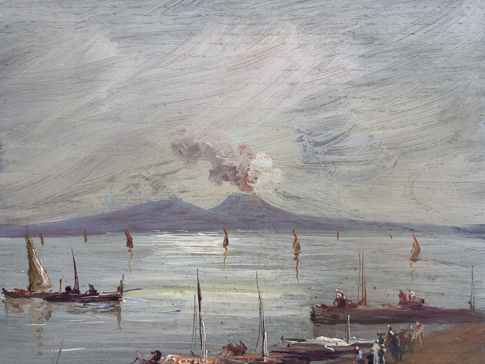 Quadro vintage -Marina Con Vesuvio- dipinto a olio su tavola