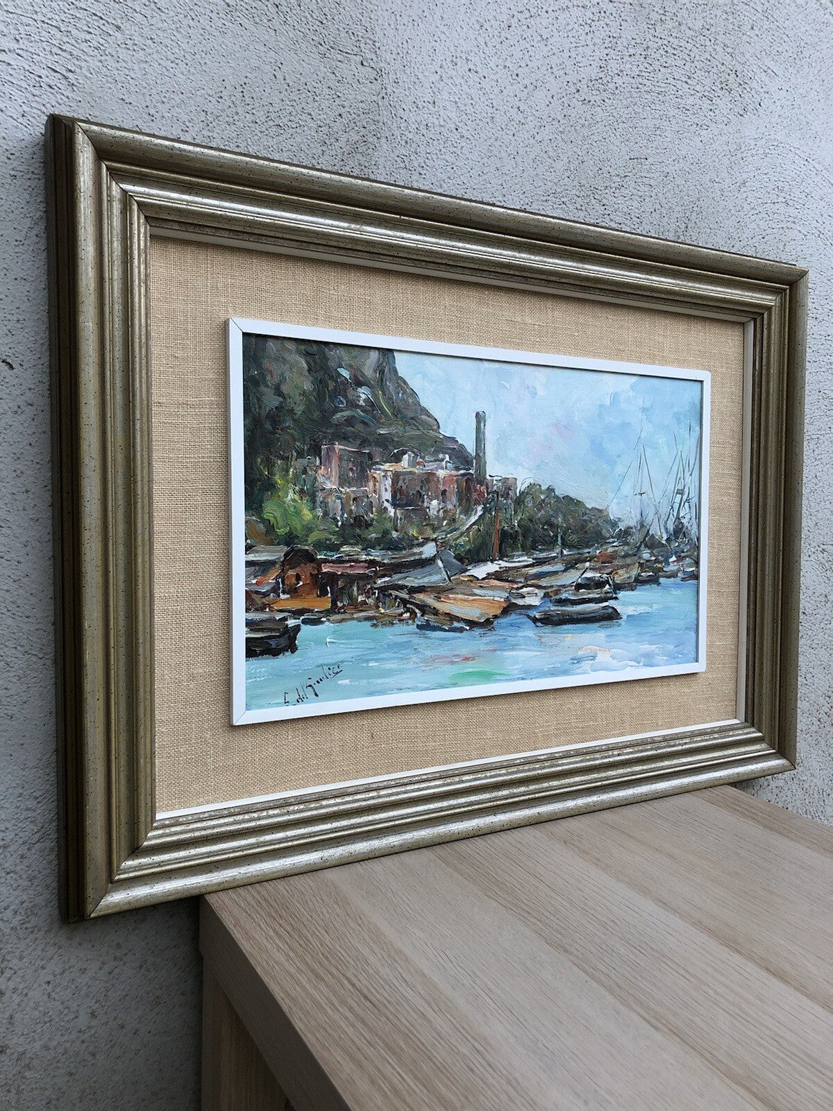 Quadro vintage -Marina Con Barche- dipinto a olio