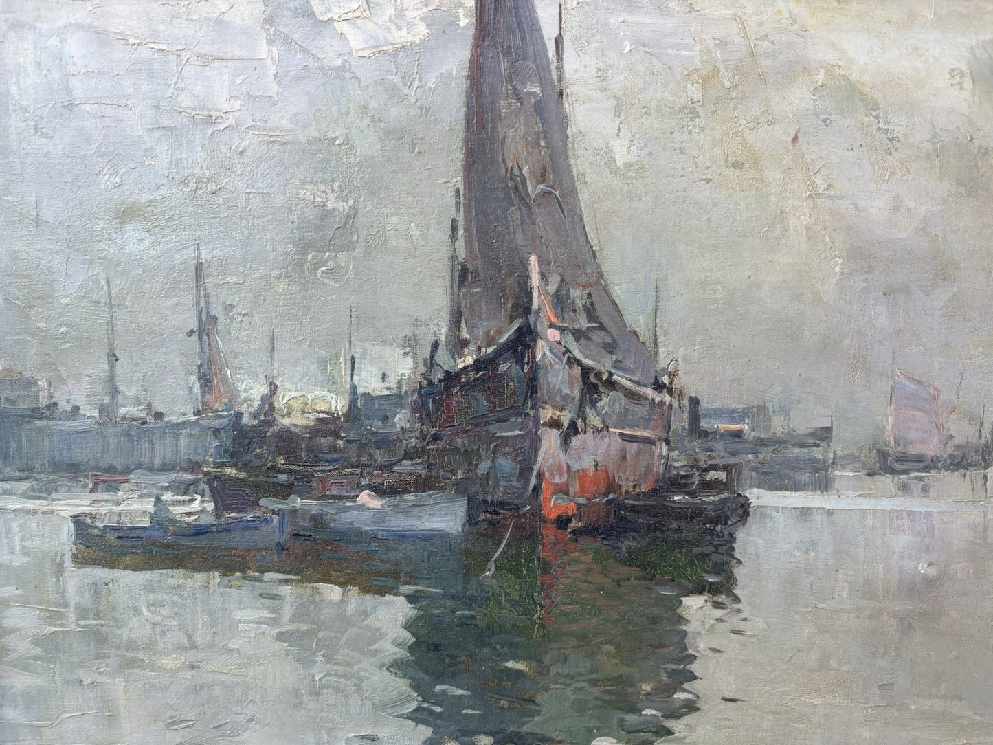 Quadro -Marina Con Barche- dipinto a olio su tela