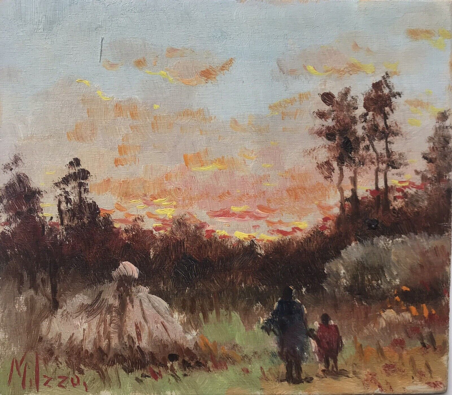 Quadro vintage -Tramonto-dipinto a olio su tavoletta