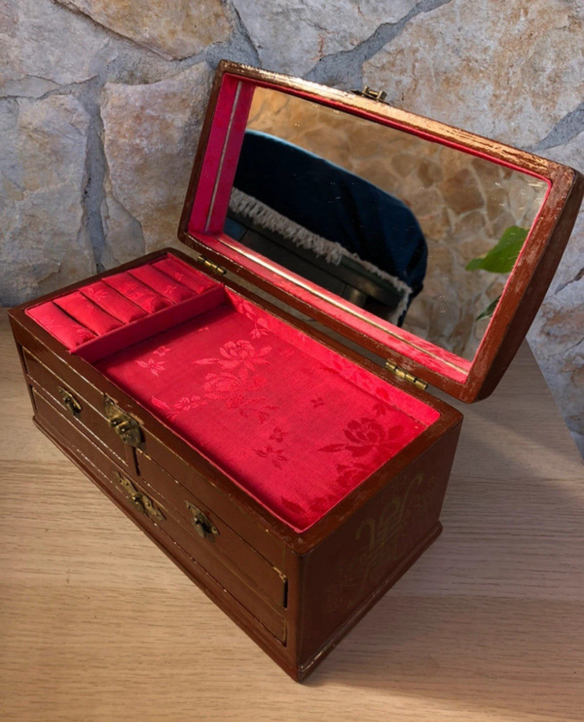 Scatola Orientale Portagioie Vintage In Legno Con Specchio Interno