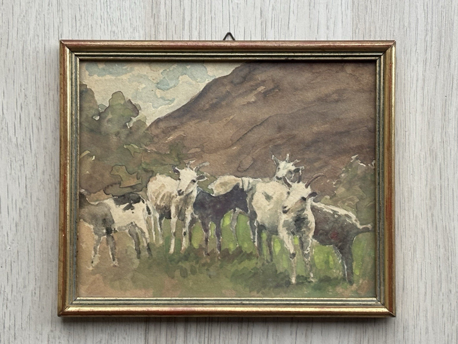 Quadro miniatura -Capre Al Pascolo- realizzato ad acquerello su carta