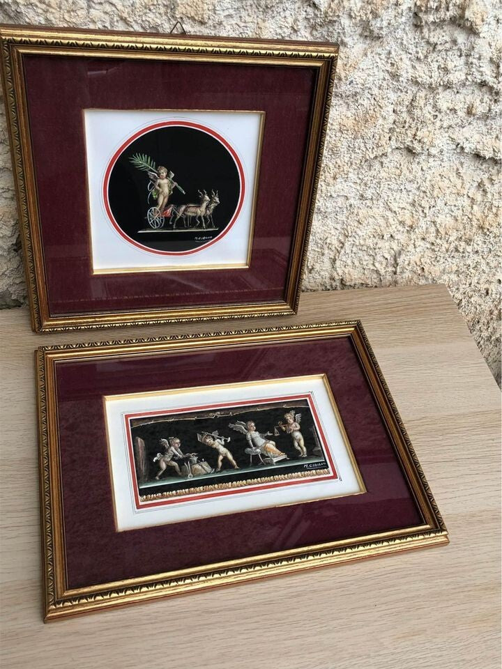 Coppia di quadri vintage “Puttini” dipinti ad acquerello su carta M.Cirillo